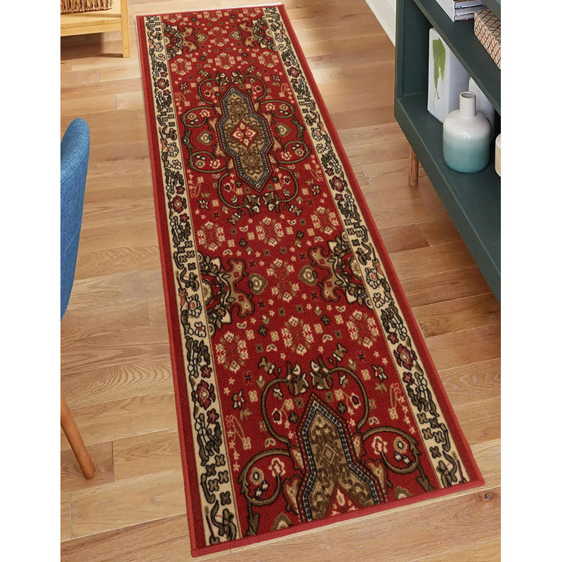 Fleur De Lis Living Custom Size Runner Rug Red Oriental Medallion Slip